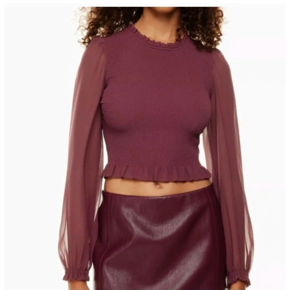 Aritzia Wilfred Tempest Burgundy Romantic Smocked Blouse XS Sheer Sleeves